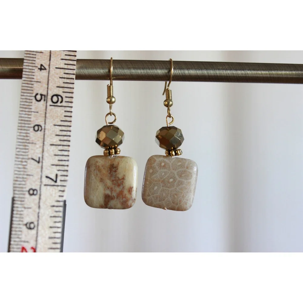 Natural‎ Fossil Coral Square Drop Earrings Tan Bronze Boho Geometric Fishhook